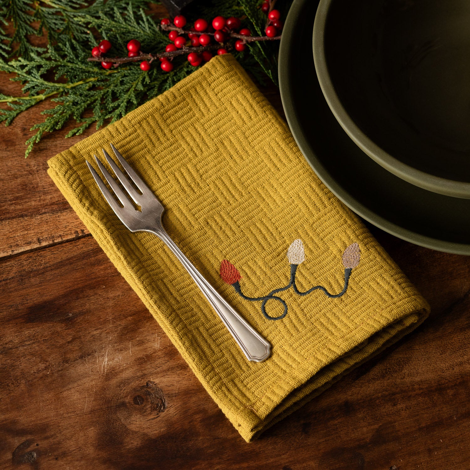 Embroidered Holiday Lights Napkin Set