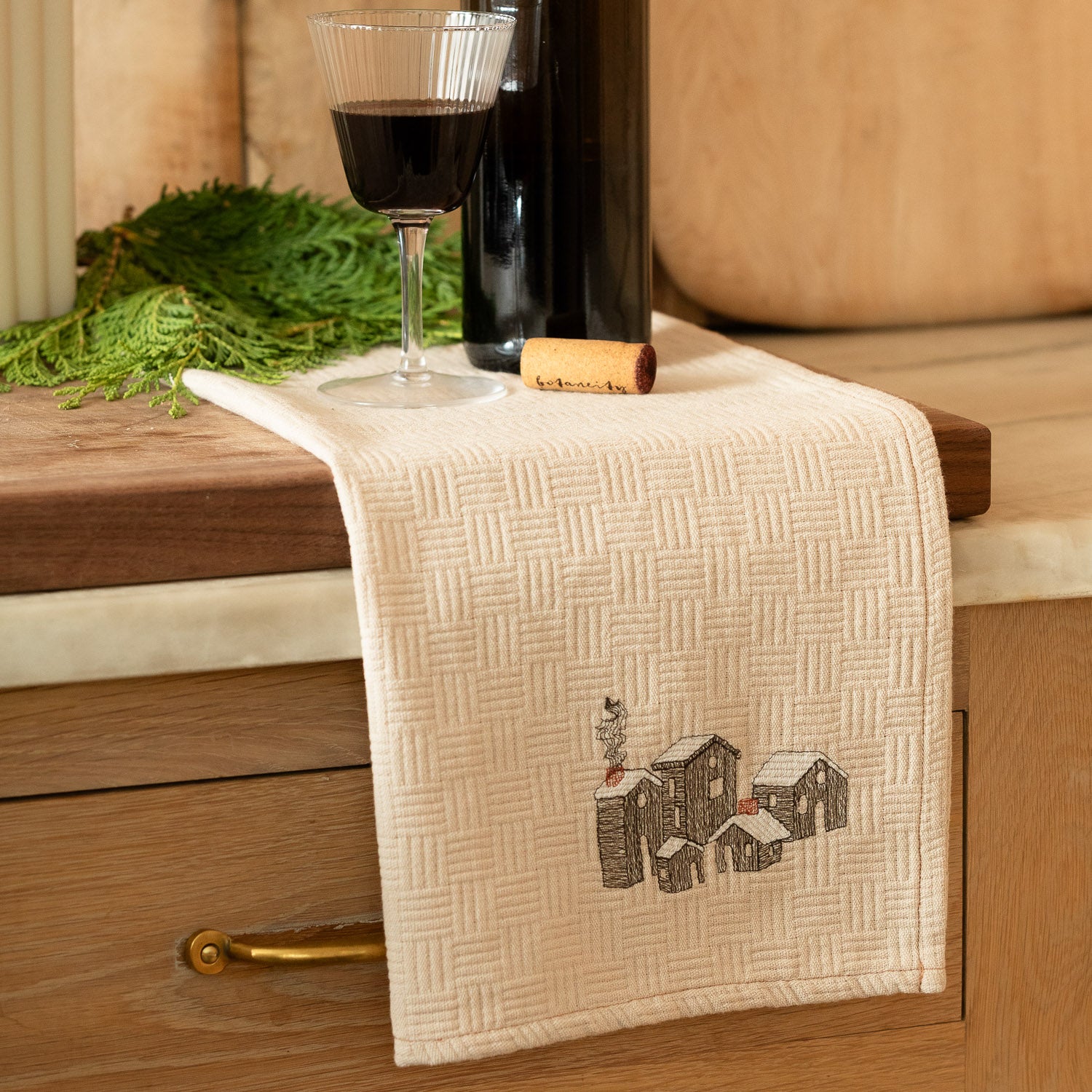 Embroidered Holiday Village Kitchen Towel