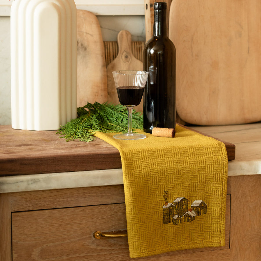 Embroidered Holiday Village Kitchen Towel